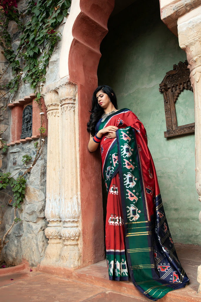 Gorgeous Brick Red Patola Silk Saree ClothsVilla