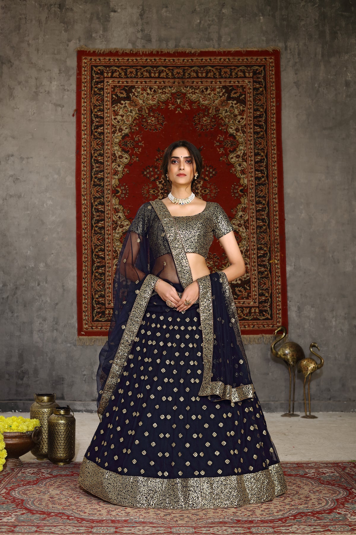 Gorgeous Navy Blue Sequins Embroidered Net Semi Stitched Party Lehenga ClothsVilla Main image