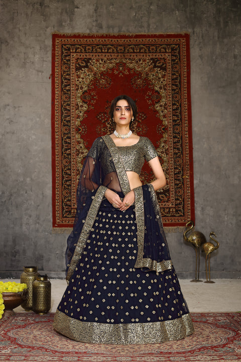 Gorgeous Navy Blue Sequins Embroidered Net Semi Stitched Party Lehenga ClothsVilla Main image