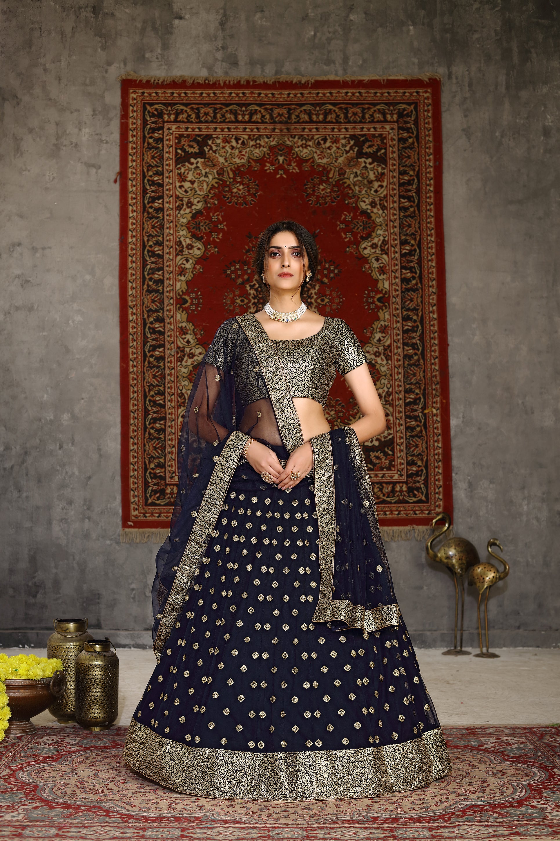Gorgeous Navy Blue Sequins Embroidered Net Semi Stitched Party Lehenga ClothsVilla