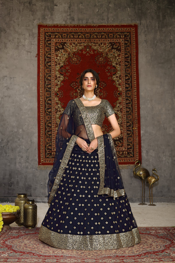 Gorgeous Navy Blue Sequins Embroidered Net Semi Stitched Party Lehenga ClothsVilla