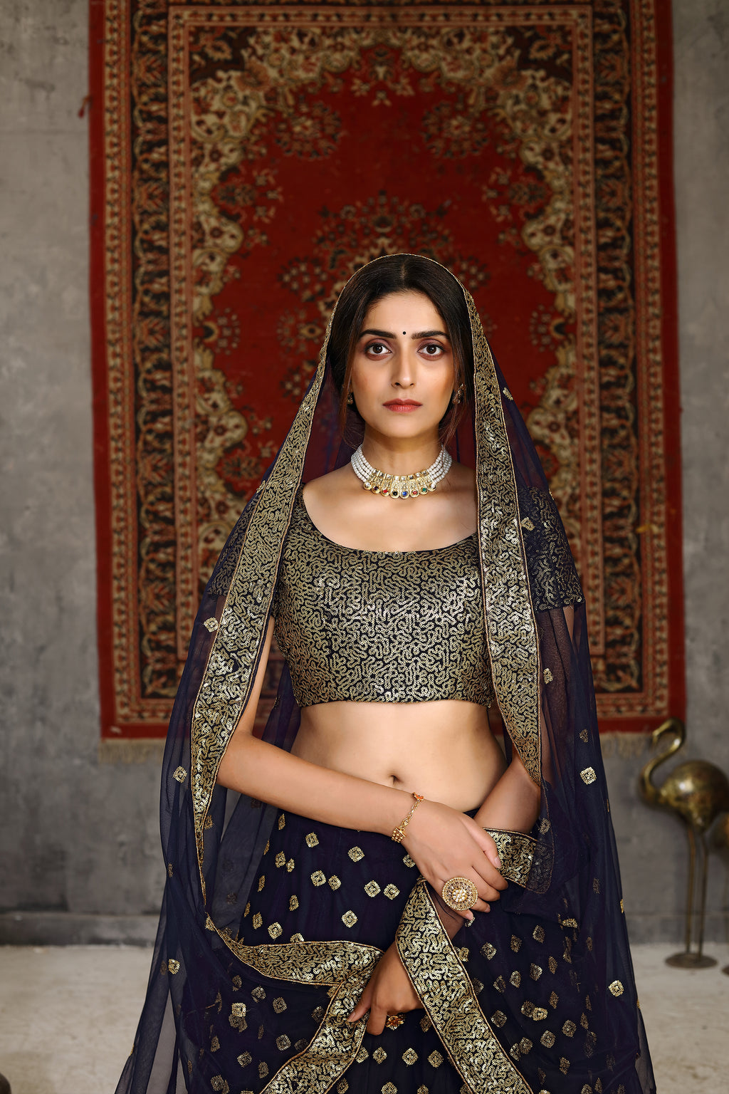 Gorgeous Navy Blue Sequins Embroidered Net Semi Stitched Party Lehenga ClothsVilla
