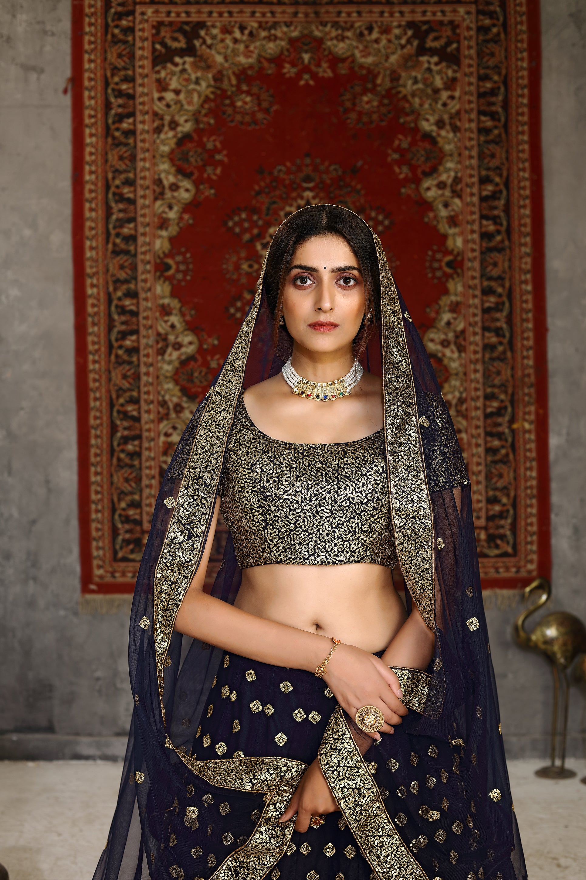 Gorgeous Navy Blue Sequins Embroidered Net Semi Stitched Party Lehenga ClothsVilla