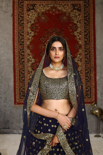 Gorgeous Navy Blue Sequins Embroidered Net Semi Stitched Party Lehenga ClothsVilla