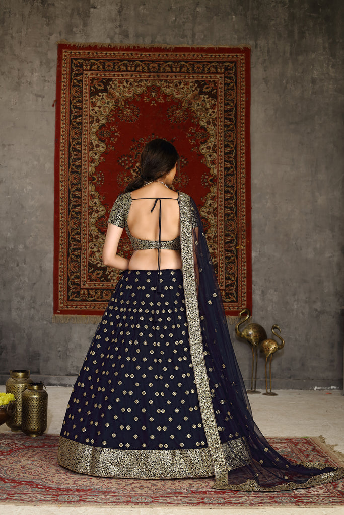 Gorgeous Navy Blue Sequins Embroidered Net Semi Stitched Party Lehenga ClothsVilla