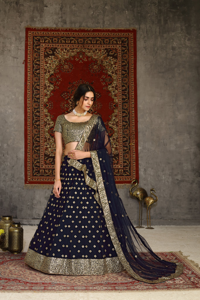 Gorgeous Navy Blue Sequins Embroidered Net Semi Stitched Party Lehenga ClothsVilla