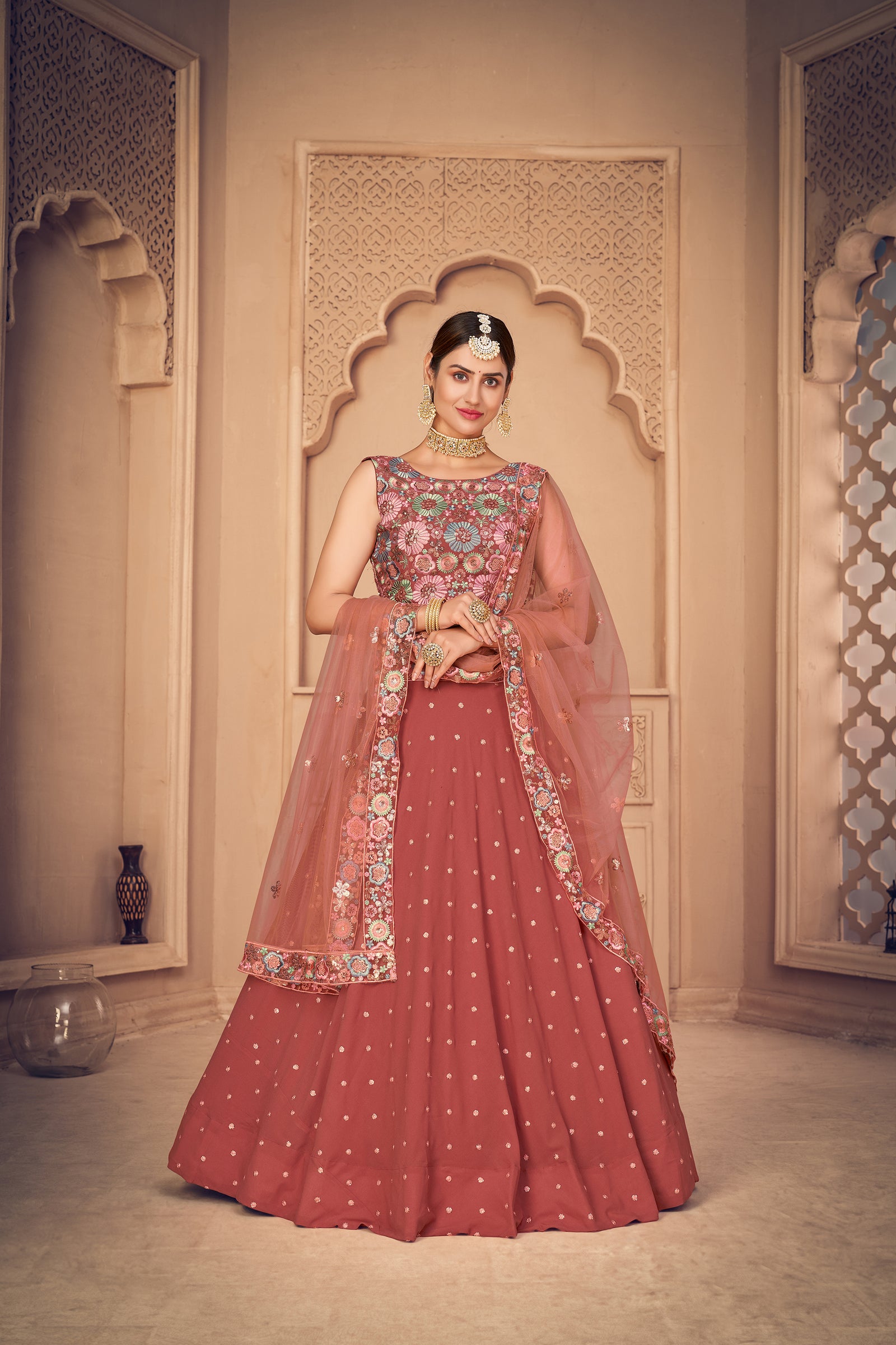 Gorgeous Orange Thread And Sequins Embroidered Georgette Semi Stitched Party Wear Lehenga ClothsVilla