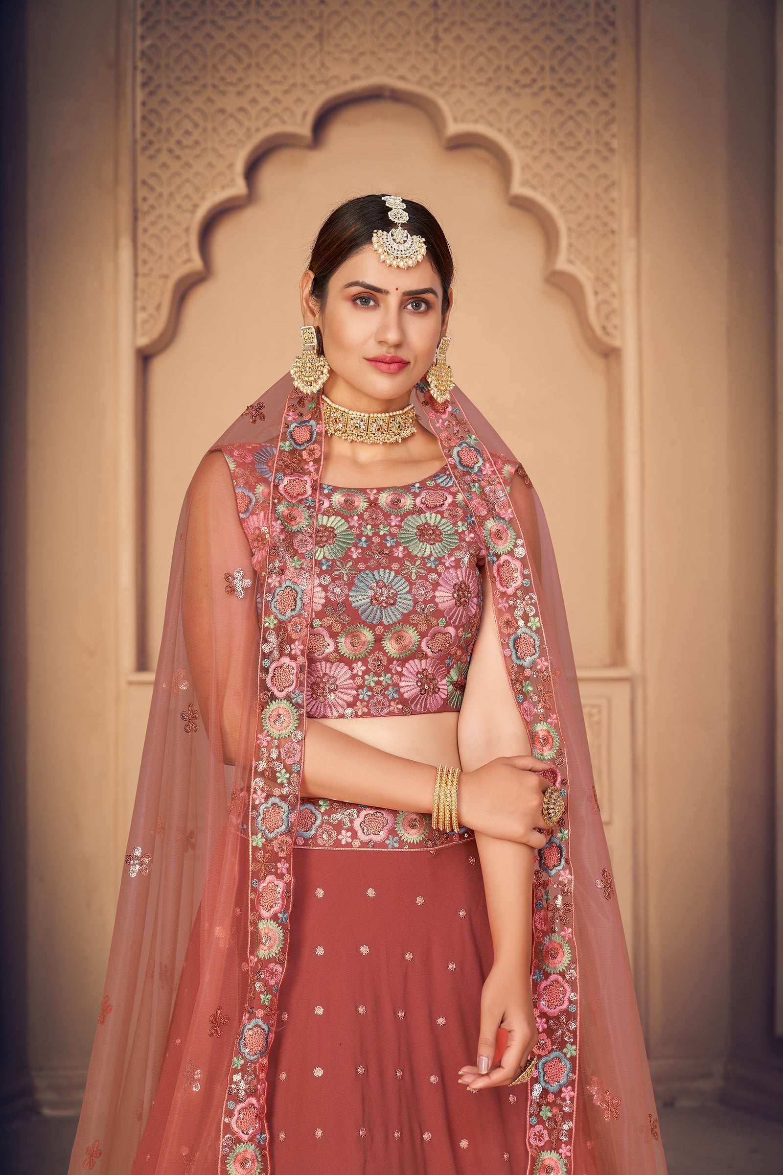 Gorgeous Orange Thread And Sequins Embroidered Georgette Semi Stitched Party Wear Lehenga ClothsVilla