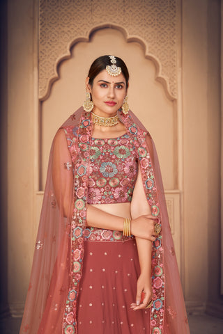 Gorgeous Orange Thread And Sequins Embroidered Georgette Semi Stitched Party Wear Lehenga ClothsVilla