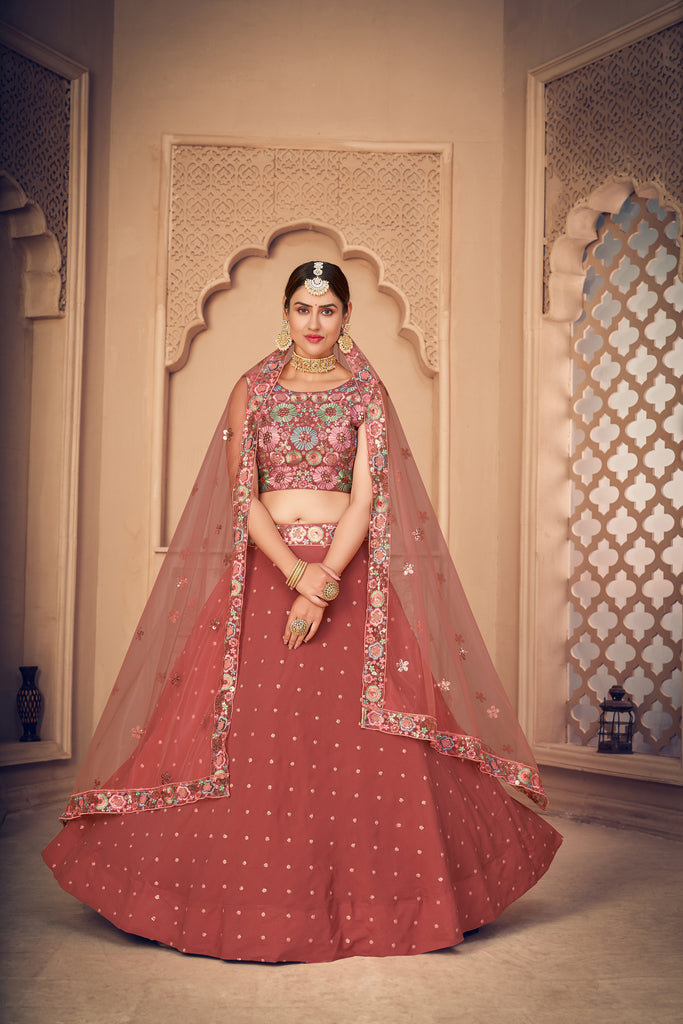 Gorgeous Orange Thread And Sequins Embroidered Georgette Semi Stitched Party Wear Lehenga ClothsVilla