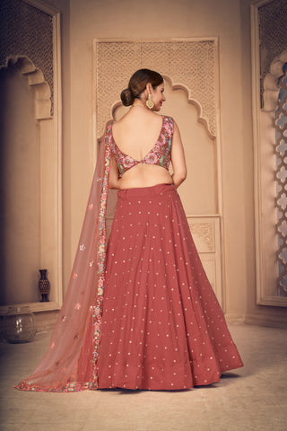 Gorgeous Orange Thread And Sequins Embroidered Georgette Semi Stitched Party Wear Lehenga ClothsVilla