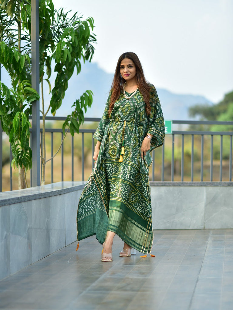 Green Color Digital Bandhej Print Pure Gaji Silk Kaftan Clothsvilla
