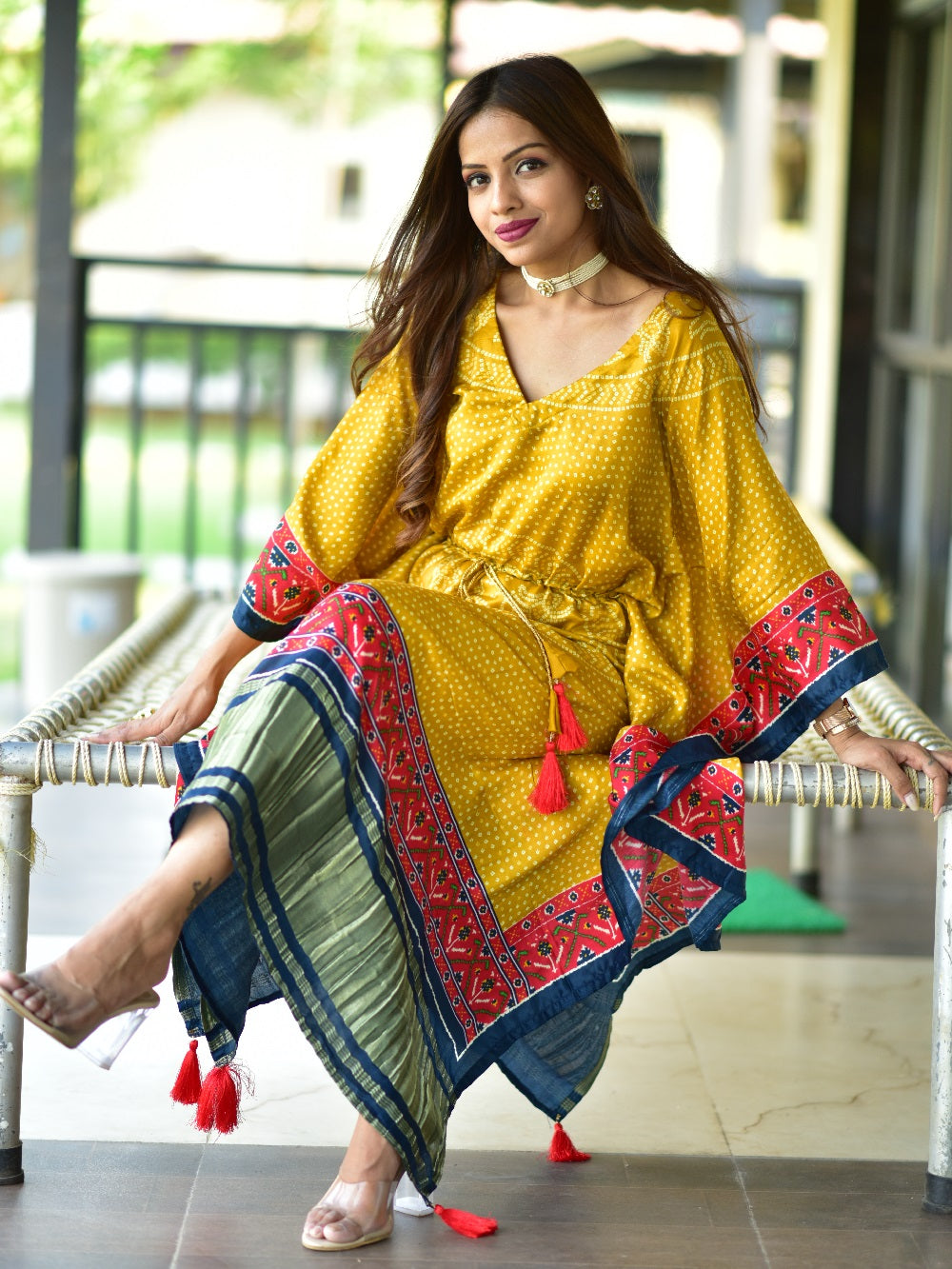 Mustard Color Digital Bandhej Print Pure Gaji Silk Kaftan Clothsvilla
