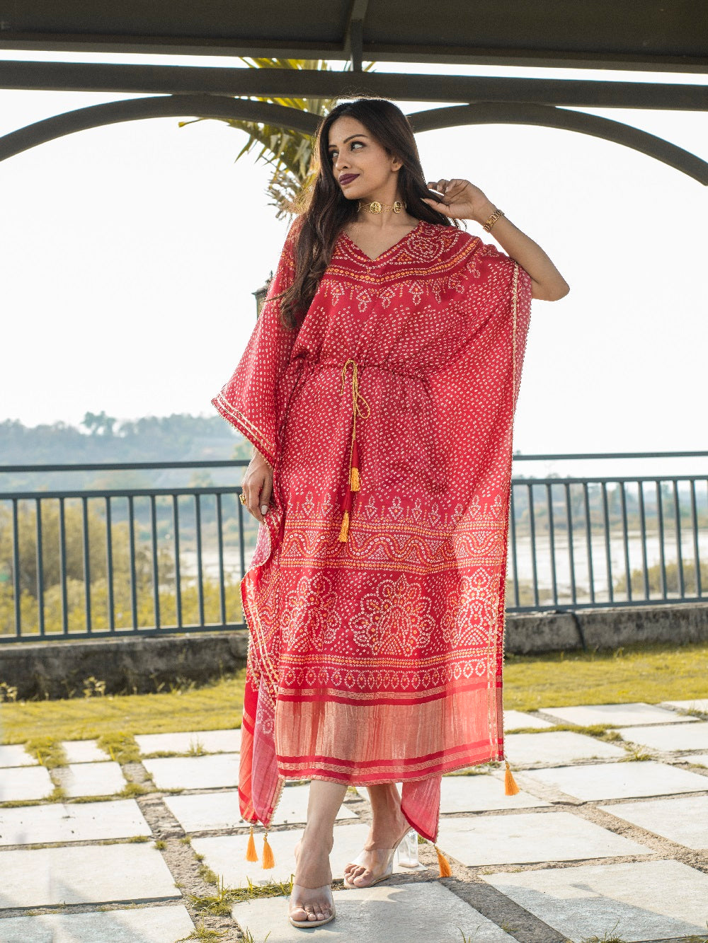 Red Color Digital Bandhej Print Pure Gaji Silk Kaftan Clothsvilla
