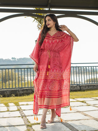 Red Color Digital Bandhej Print Pure Gaji Silk Kaftan Clothsvilla