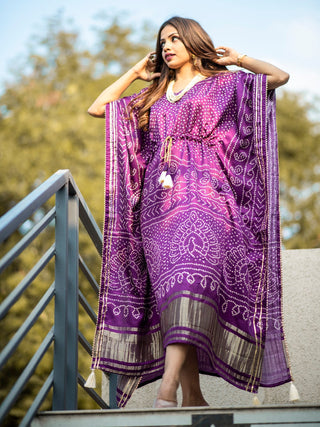 Wine Color Digital Bandhej Print Pure Gaji Silk Kaftan Dress Clothsvilla