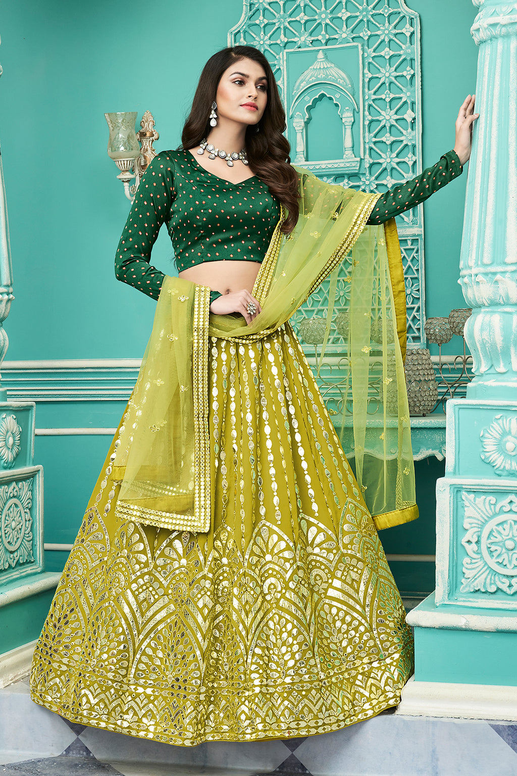 Graceful Floracance Green Gota Patti Embroidered Georgette Semi Stitched Lehenga Choli ClothsVilla