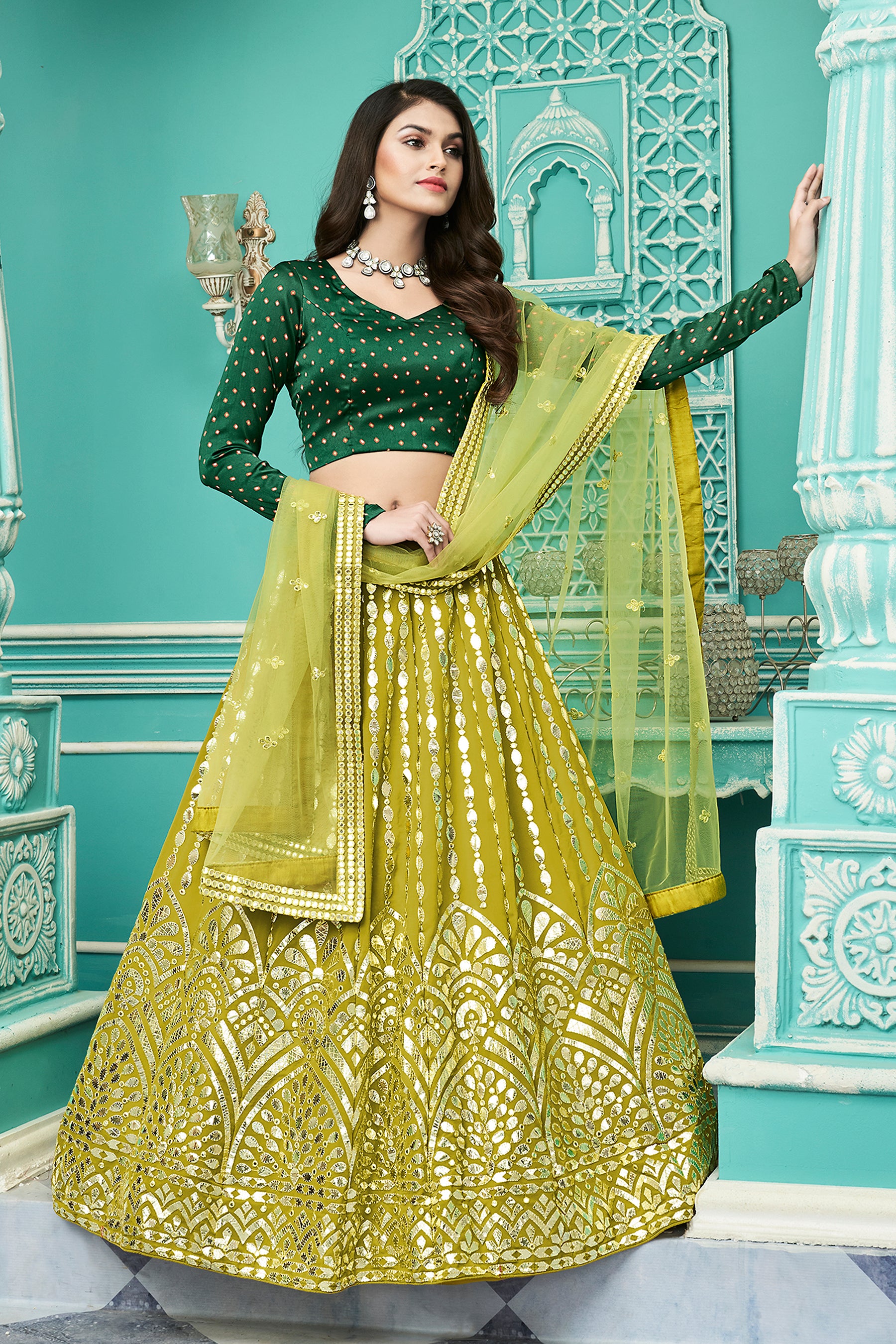 Graceful Floracance Green Gota Patti Embroidered Georgette Semi Stitched Lehenga Choli ClothsVilla