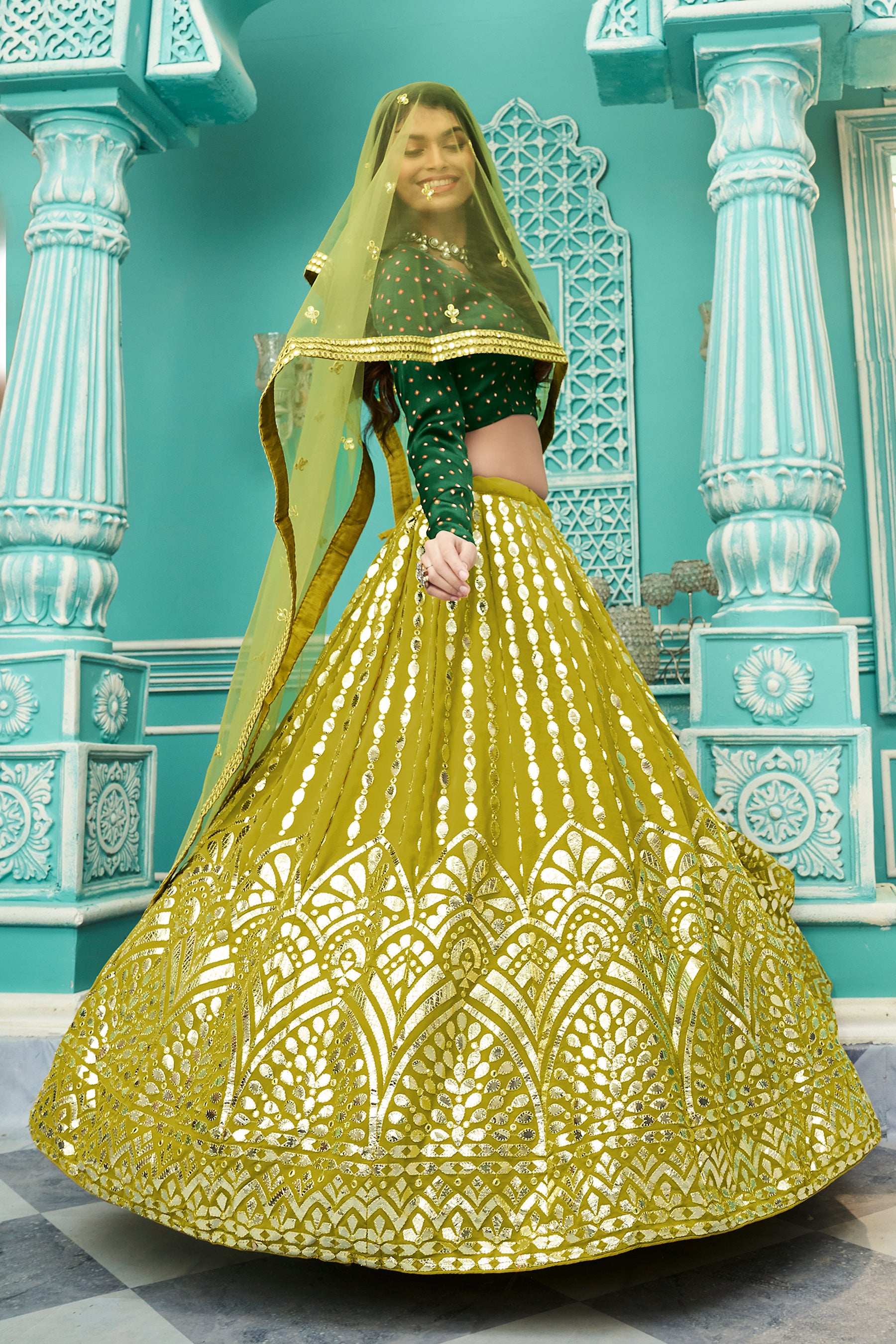 Graceful Floracance Green Gota Patti Embroidered Georgette Semi Stitched Lehenga Choli ClothsVilla