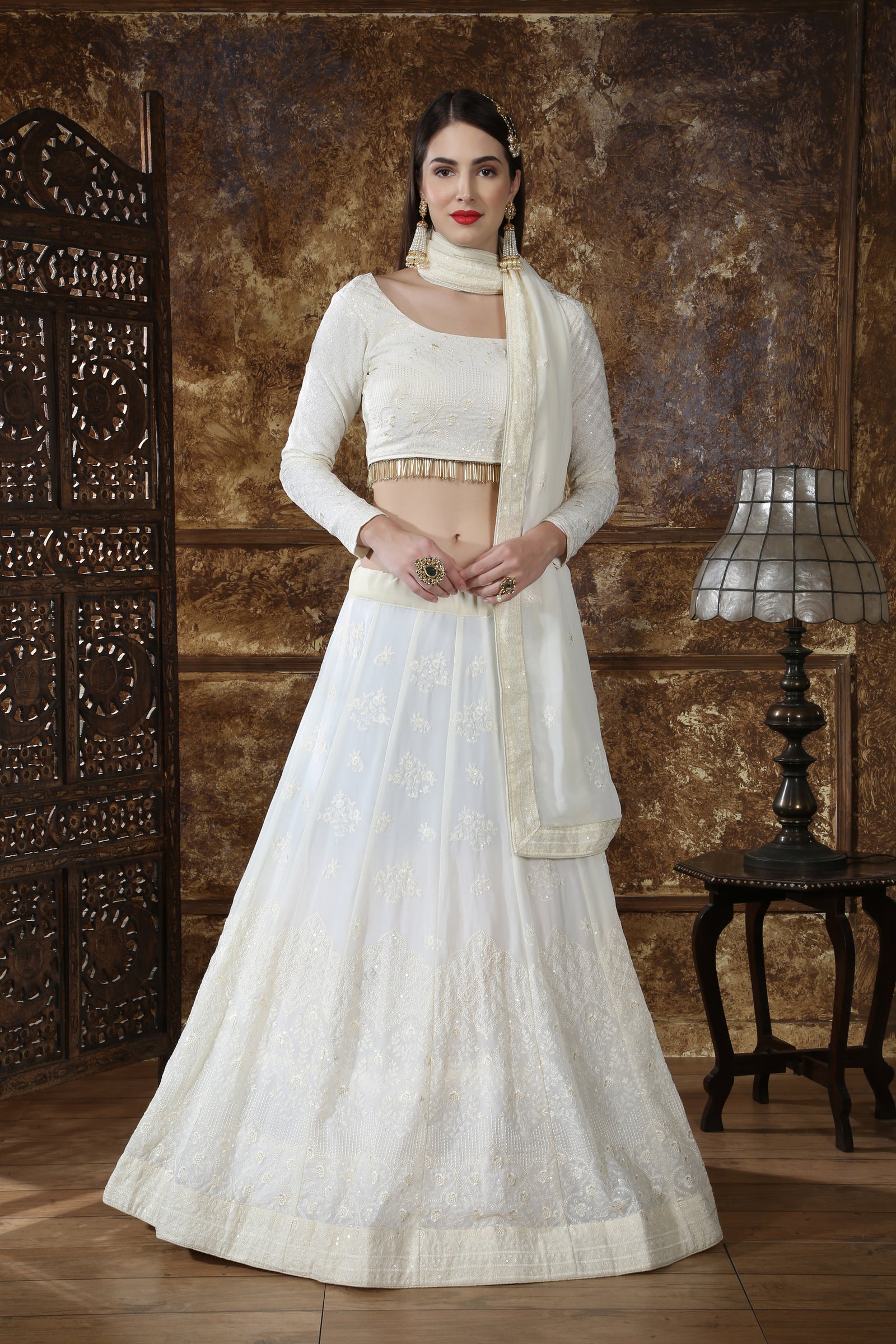 Graceful Off White Georgette Thread and Sequence Embroidered Lehenga Choli ClothsVilla