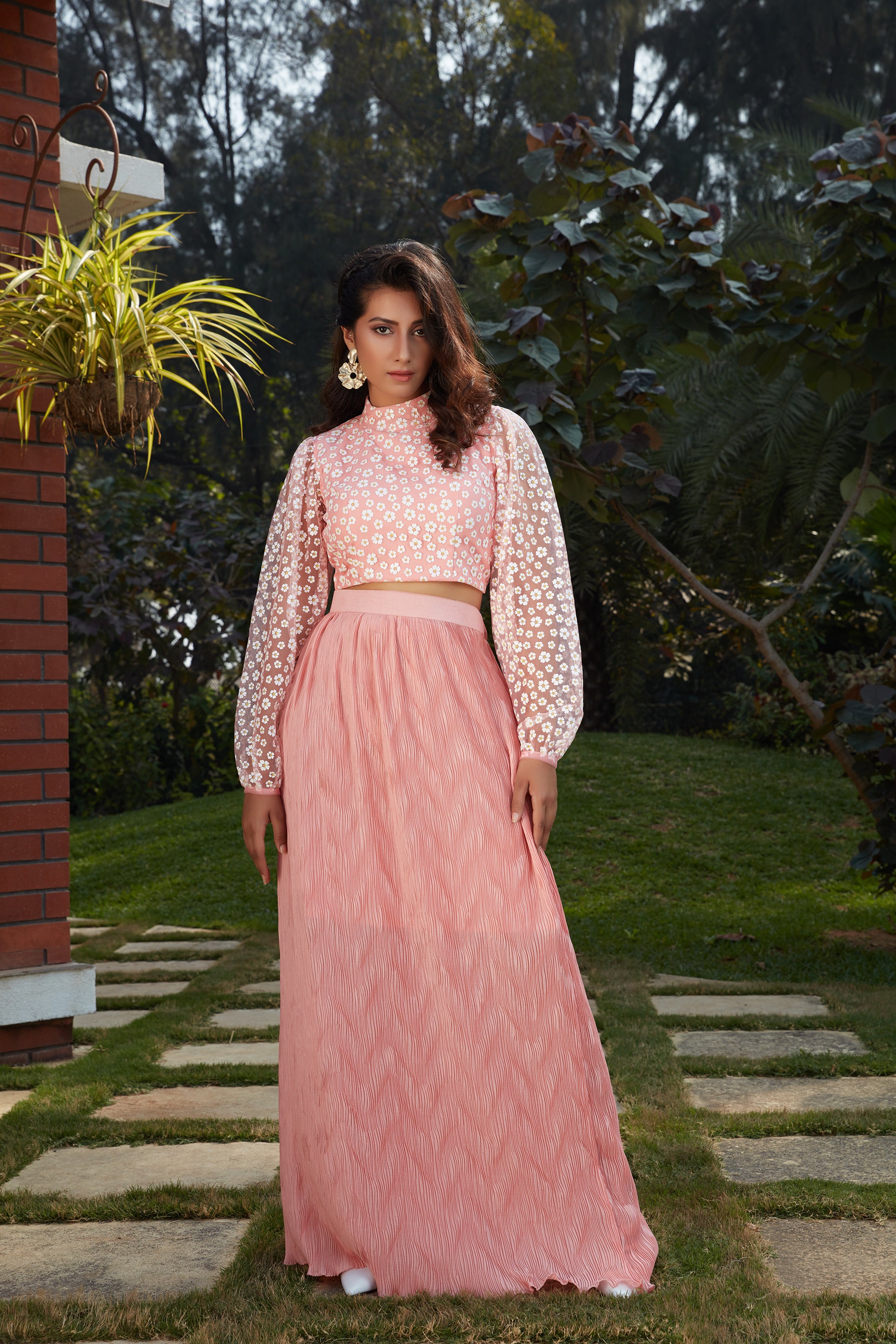 Graceful Pink Colored Casual Wear Printed Western Crop Top - Skirt Set ClothsVilla