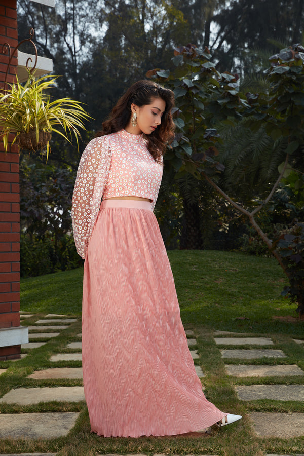 Graceful Pink Colored Casual Wear Printed Western Crop Top - Skirt Set ClothsVilla