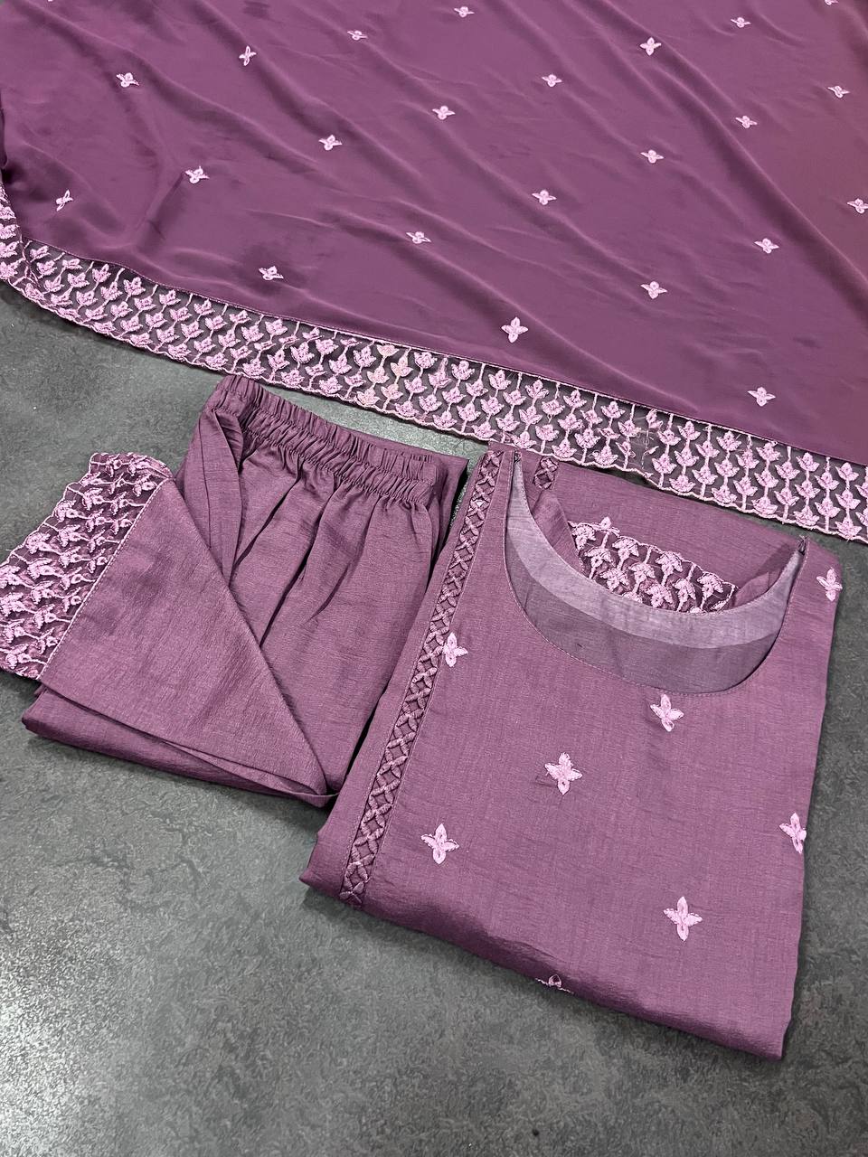 Grape Purple Pure Maska Cotton Silk Thread Embroidery Work Salwar Suit ClothsVilla
