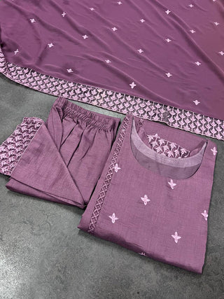 Grape Purple Pure Maska Cotton Silk Thread Embroidery Work Salwar Suit ClothsVilla