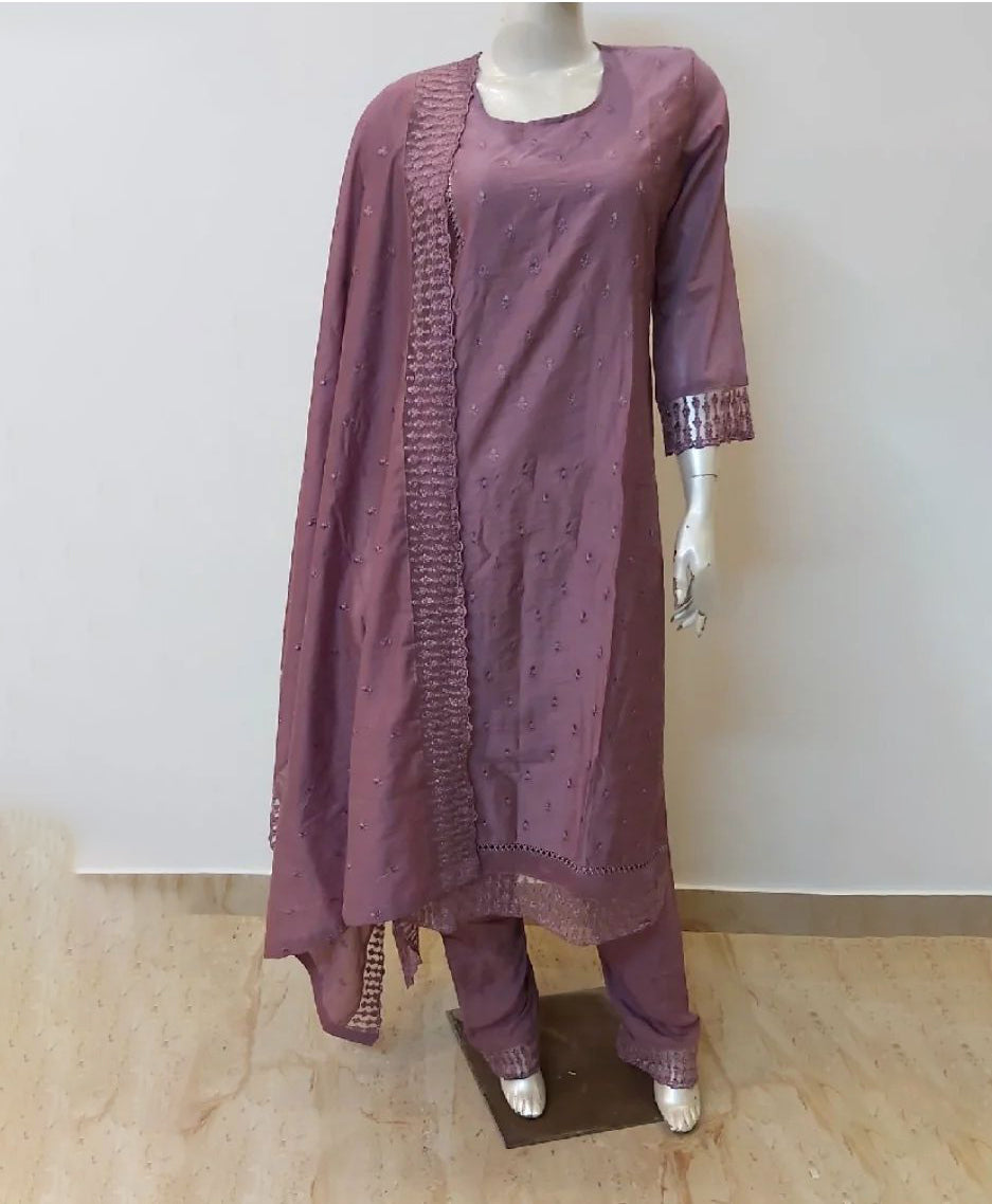 Grape Purple Pure Maska Cotton Silk Thread Embroidery Work Salwar Suit ClothsVilla
