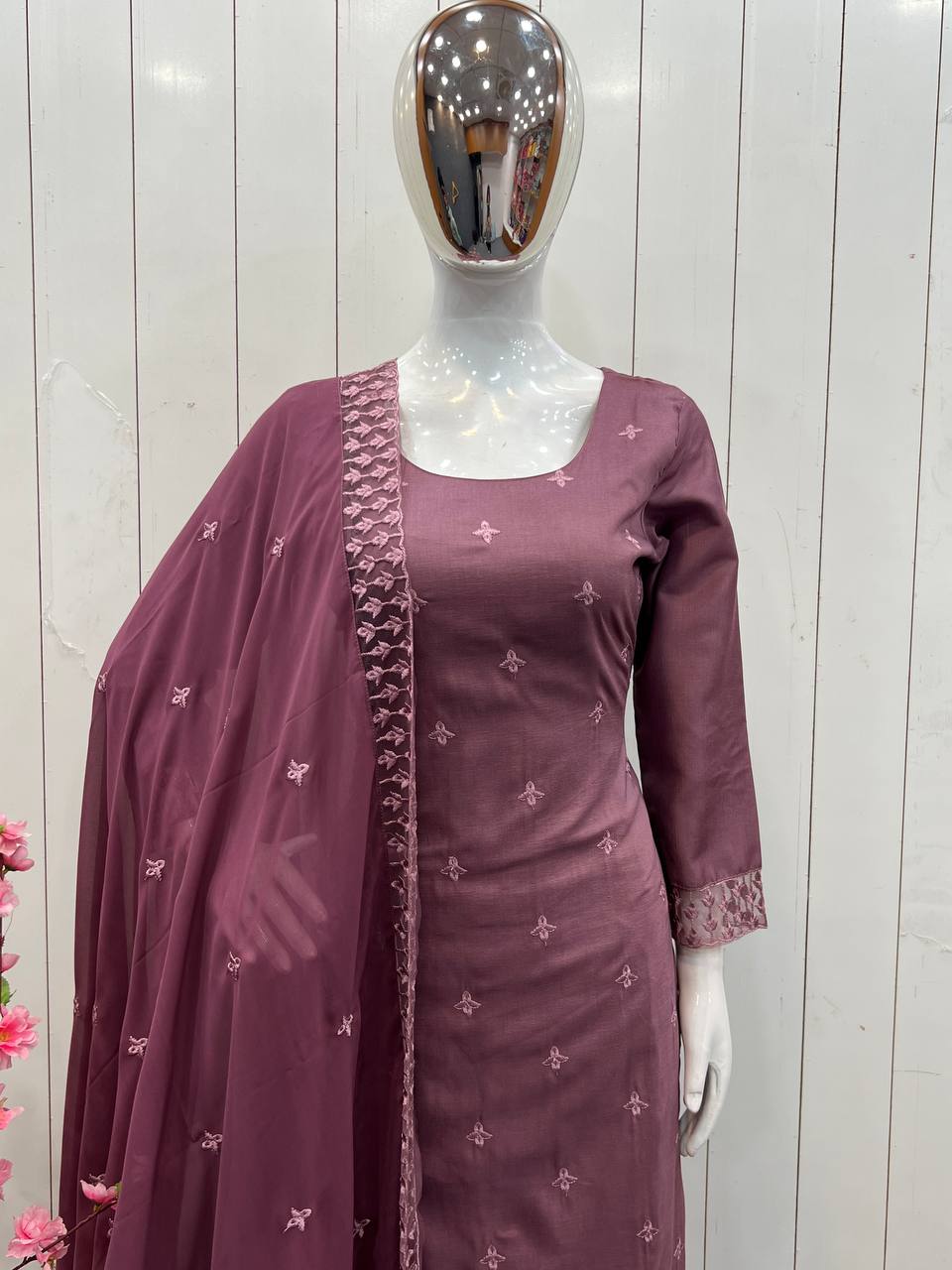 Grape Purple Pure Maska Cotton Silk Thread Embroidery Work Salwar Suit ClothsVilla