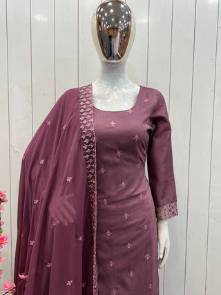Grape Purple Pure Maska Cotton Silk Thread Embroidery Work Salwar Suit ClothsVilla