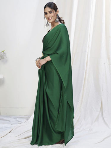 Grass Green Ready to Wear One Minute Lycra Saree ClothsVilla