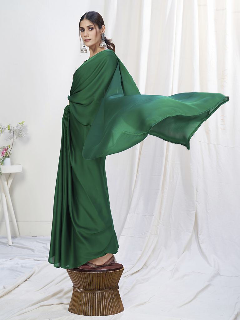 Grass Green Ready to Wear One Minute Lycra Saree Secondary image