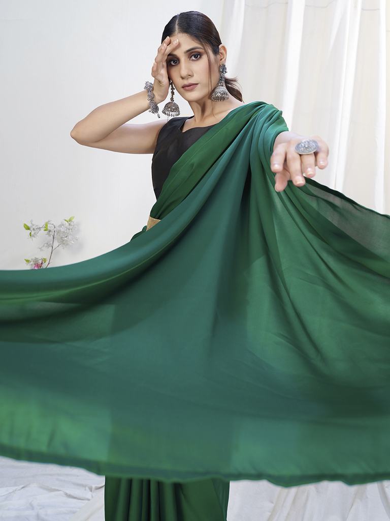 Grass Green Ready to Wear One Minute Lycra Saree ClothsVilla
