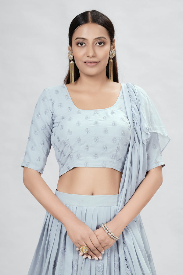 Gray Indian Georgette Lehenga Choli With Ruffle Dupatta For Indian Festival & Weddings - Sequence Embroidery Work, Clothsvilla