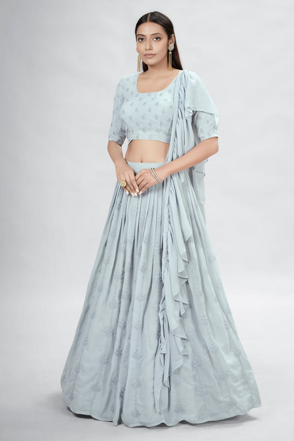 Gray Indian Georgette Lehenga Choli With Ruffle Dupatta For Indian Festival & Weddings - Sequence Embroidery Work, Clothsvilla
