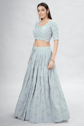 Gray Indian Georgette Lehenga Choli With Ruffle Dupatta For Indian Festival & Weddings - Sequence Embroidery Work, Clothsvilla