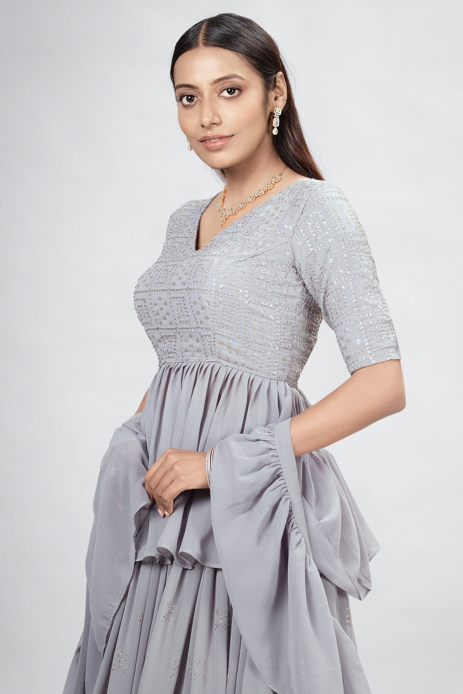 Gray Indian Georgette Lehenga Choli With Ruffle Dupatta For Indian Festival & Weddings - Sequence Embroidery Work, Mukaish Work Clothsvilla