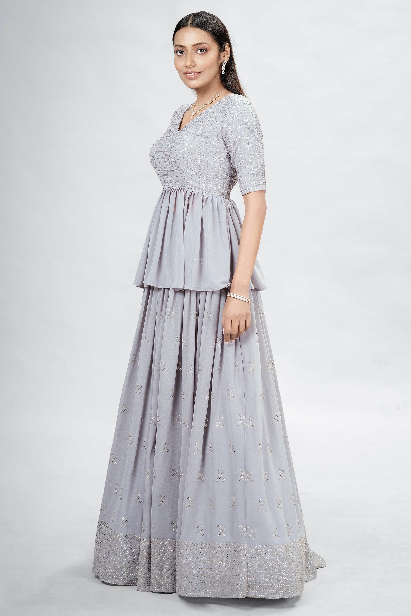 Gray Indian Georgette Lehenga Choli With Ruffle Dupatta For Indian Festival & Weddings - Sequence Embroidery Work, Mukaish Work Clothsvilla
