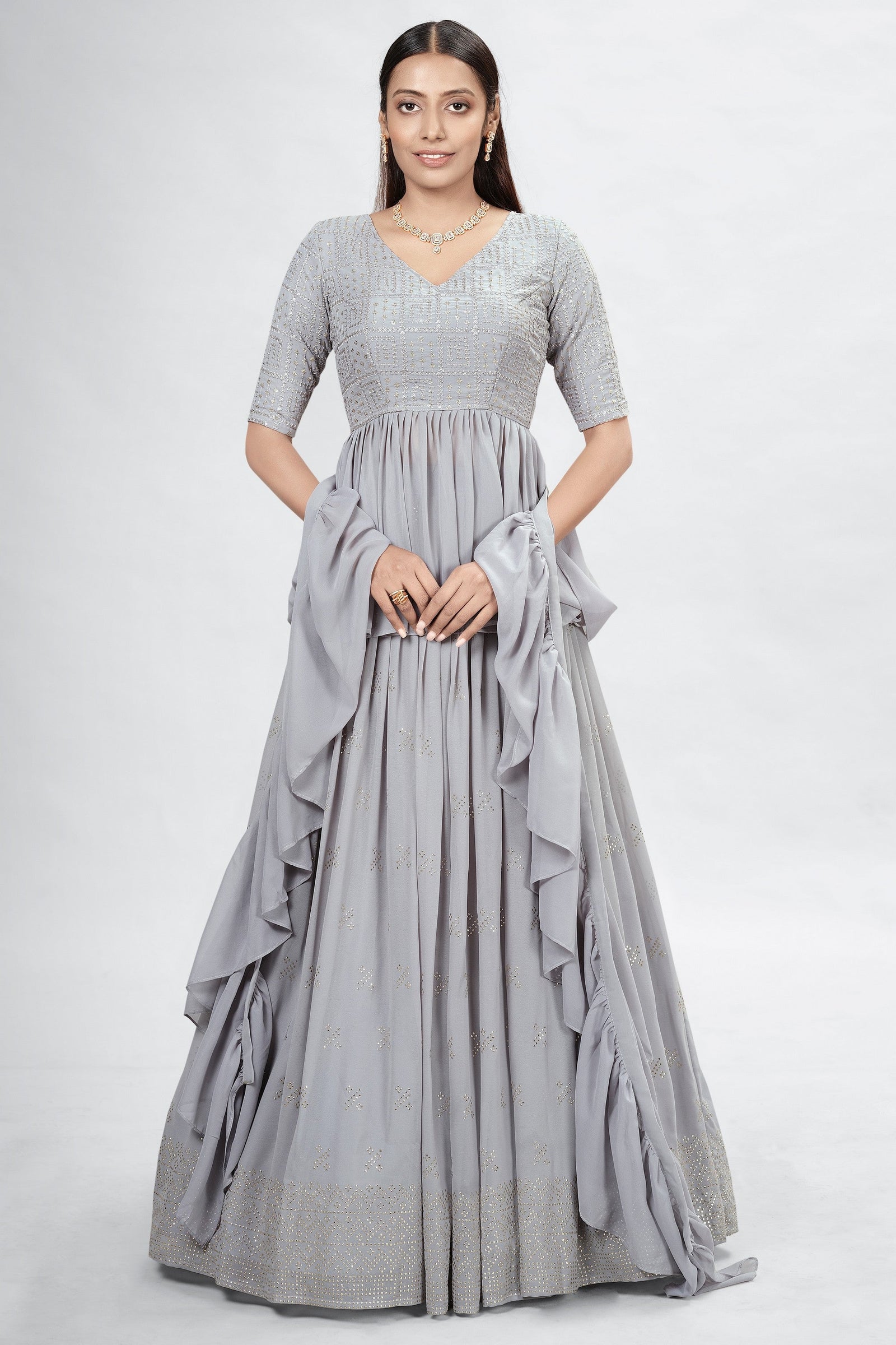 Gray Indian Georgette Lehenga Choli With Ruffle Dupatta For Indian Festival & Weddings - Sequence Embroidery Work, Mukaish Work Clothsvilla