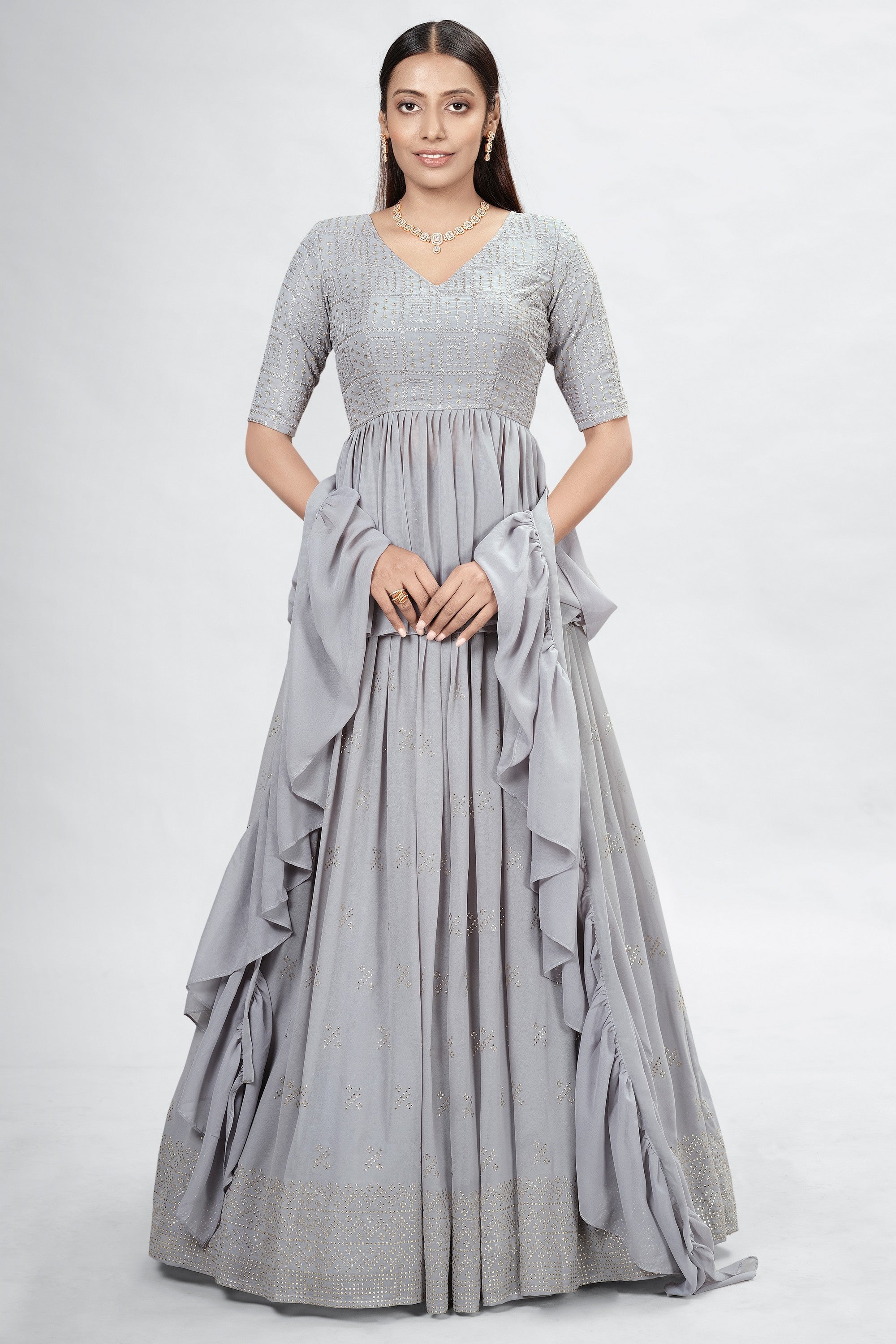 Gray Indian Georgette Lehenga Choli With Ruffle Dupatta For Indian Festival & Weddings - Sequence Embroidery Work, Mukaish Work Clothsvilla Main image