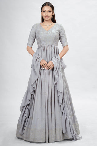 Gray Indian Georgette Lehenga Choli With Ruffle Dupatta For Indian Festival & Weddings - Sequence Embroidery Work, Mukaish Work Clothsvilla