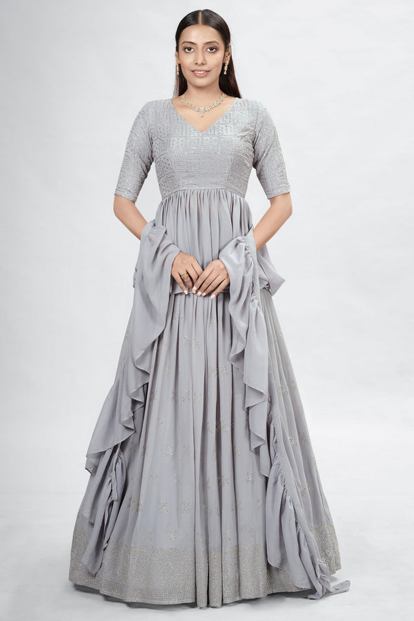 Gray Indian Georgette Lehenga Choli With Ruffle Dupatta For Indian Festival & Weddings - Sequence Embroidery Work, Mukaish Work Clothsvilla