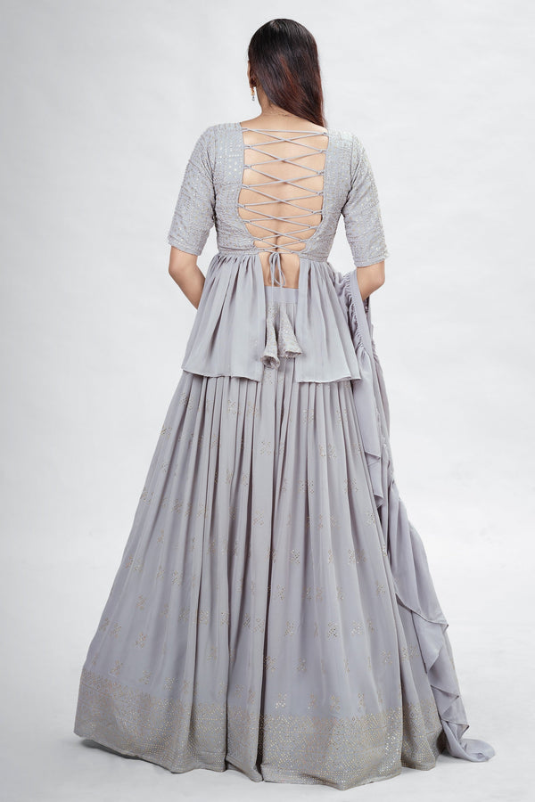 Gray Indian Georgette Lehenga Choli With Ruffle Dupatta For Indian Festival & Weddings - Sequence Embroidery Work, Mukaish Work Clothsvilla