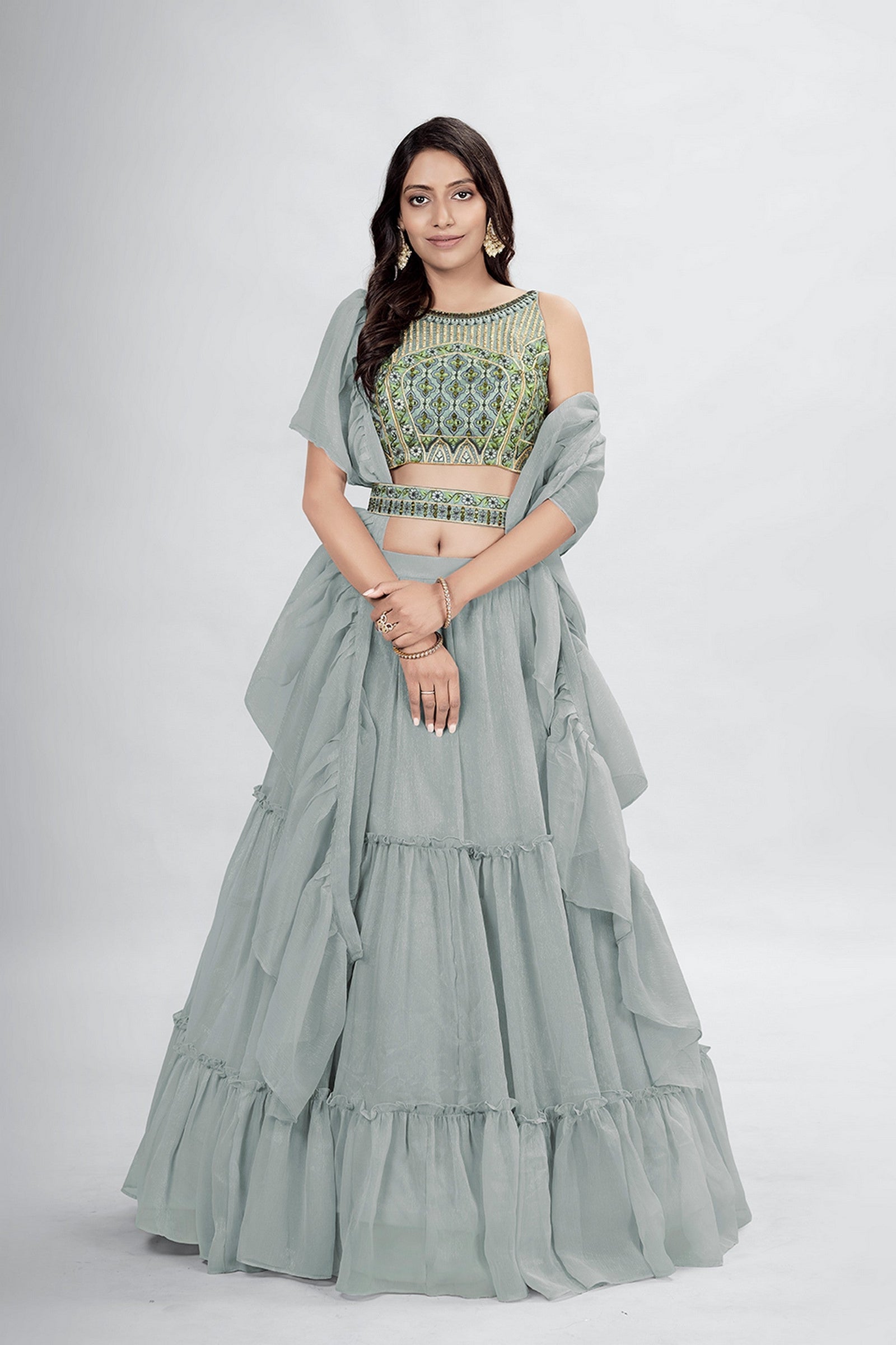Gray Pakistani Art Silk Lehenga Choli For Indian Festivals & Weddings - Thread Embroidery Work, Clothsvilla