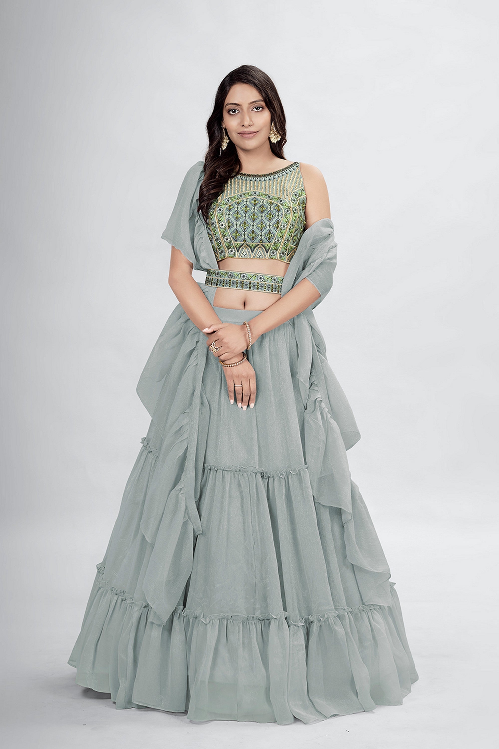 Gray Pakistani Art Silk Lehenga Choli For Indian Festivals & Weddings - Thread Embroidery Work, Clothsvilla Main image