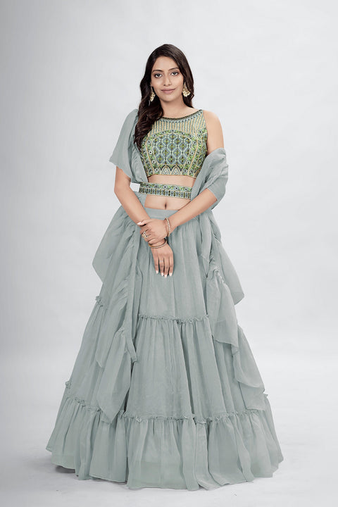 Gray Pakistani Art Silk Lehenga Choli For Indian Festivals & Weddings - Thread Embroidery Work, Clothsvilla Main image
