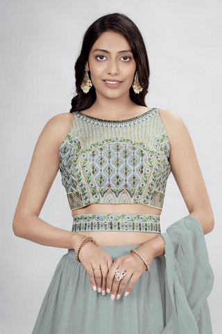 Gray Pakistani Art Silk Lehenga Choli For Indian Festivals & Weddings - Thread Embroidery Work, Clothsvilla