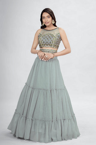 Gray Pakistani Art Silk Lehenga Choli For Indian Festivals & Weddings - Thread Embroidery Work, Clothsvilla