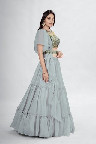 Gray Pakistani Art Silk Lehenga Choli For Indian Festivals & Weddings - Thread Embroidery Work, Clothsvilla